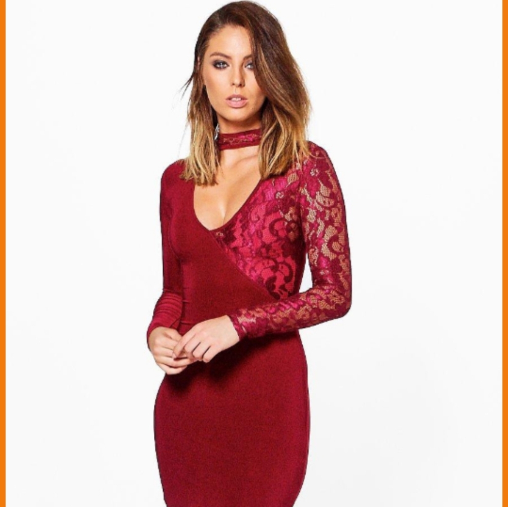 Boohoo Anouk Lace Insert Choker Slinky Maxi Dress, US-4, Berry (Red). NWOT